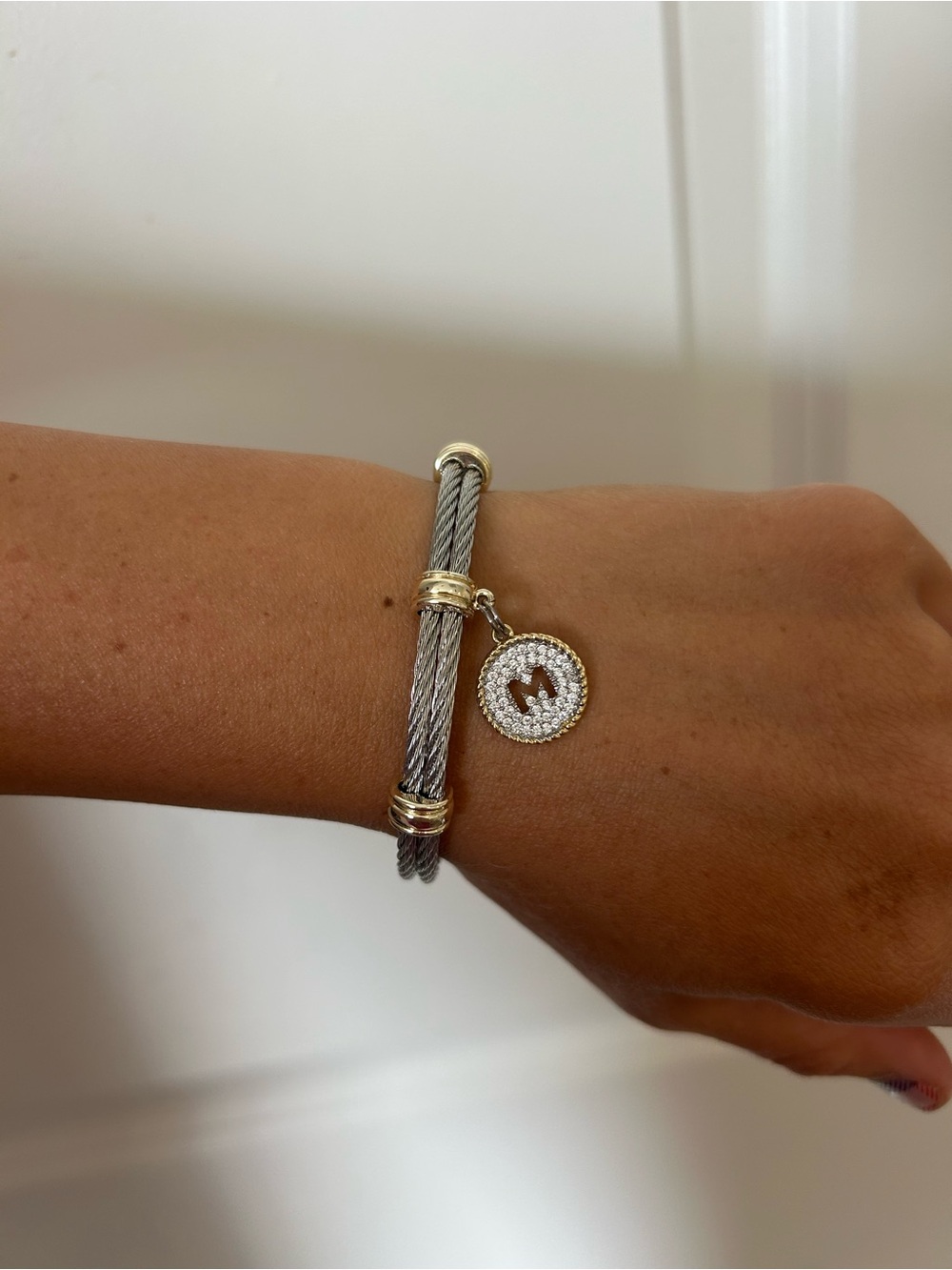 Gold and Silver Cable Initial Charm Bracelet with magnetic clasp - M